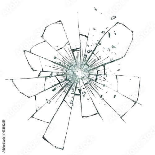 A cracked glass pane explodes with radial fractures against a dark, high-contrast backdrop