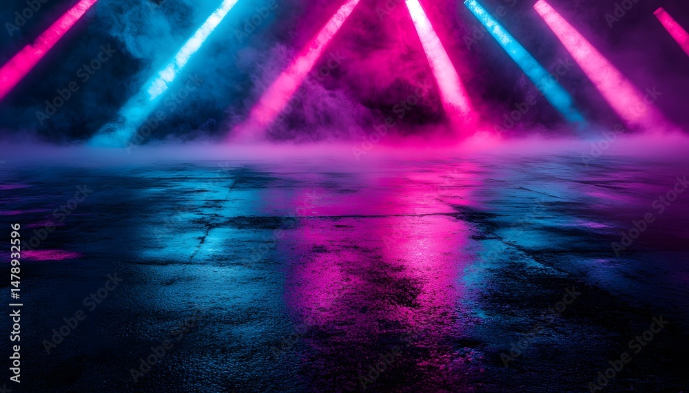 Obraz premium Neon lights reflecting on a wet concrete floor.