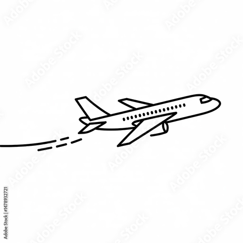Minimalist line art travel air icon depicting a stylized airplane in flight against a clean white background