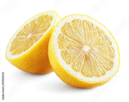 Two halves of a fresh lemon, vibrant yellow, perfectly cut and presented against a pure white background, showcasing the juicy interior