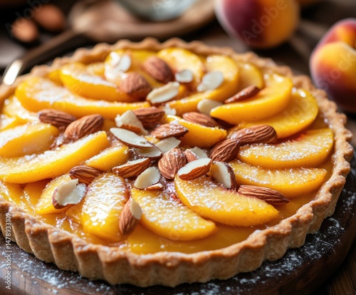 Peach and almond tart, topped with sliced peaches, almonds, and powdered sugar photo
