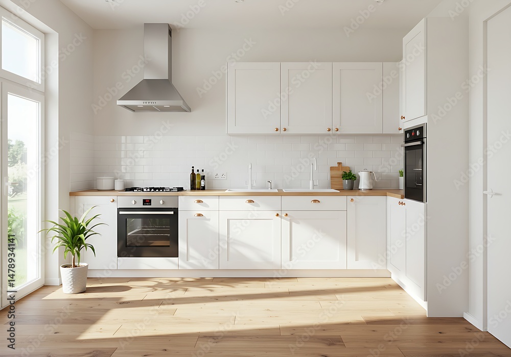 Fototapeta premium A bright and modern white kitchen features light wooden countertops and flooring, stainless steel appliances, and ample natural light streaming through the windows