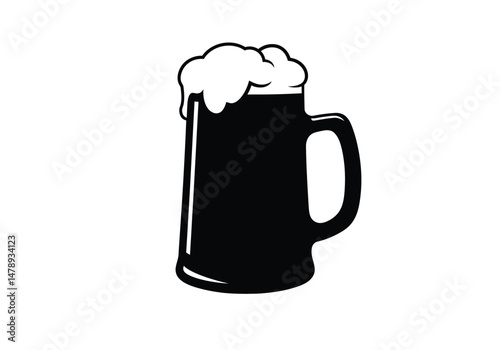 Beer mug silhouette. This image displays a black and white vector illustration of a beer mug silhouette, also known as a beer stein or pint glass. Vector clipart illustration design.