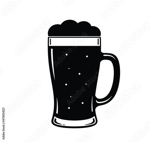 Beer silhouette. This image presents a black and white vector illustration of a beer silhouette, representing a pint, mug, or craft brew container. Vector clipart illustration design.