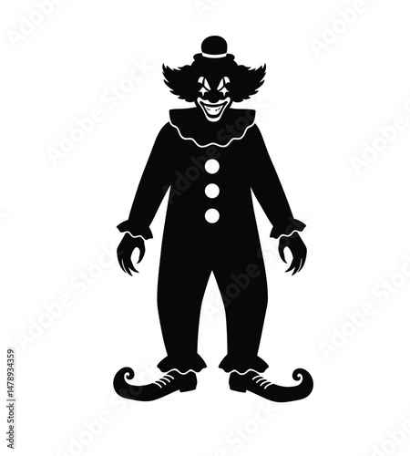 Scary clown silhouette. Image shows a black silhouette of a scary clown with a creepy smile and a sinister look. Vector clipart illustration design.