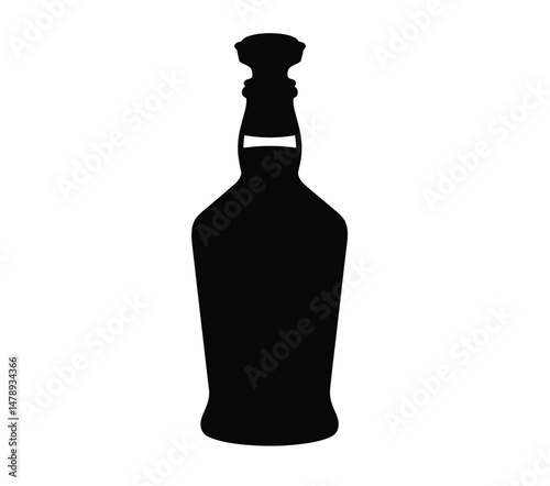 Liquor silhouette. Image shows a black silhouette of a liquor bottle, a container for alcoholic beverages, featuring a distinct shape and stopper. Vector clipart illustration design.