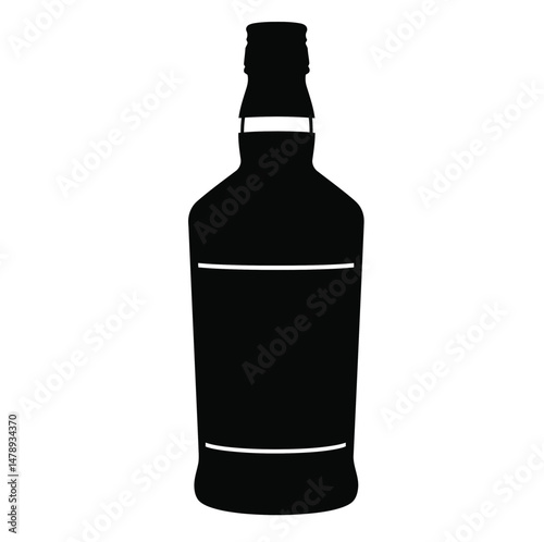 Whiskey bottle silhouette. Image shows a black silhouette of a whiskey bottle with a label and cap. Vector clipart illustration design.
