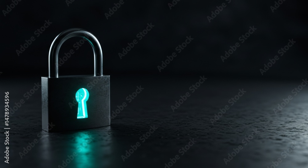 Fototapeta premium Close-up view of a dark metallic padlock with glowing teal keyhole.