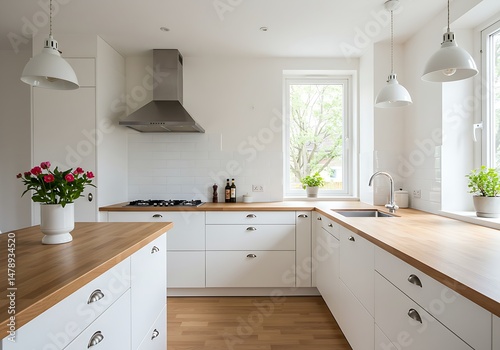 This photograph captures a bright kitchen with white cabinets, light wooden countertops and flooring, stainless steel fixtures, and large windows filling the space with daylight