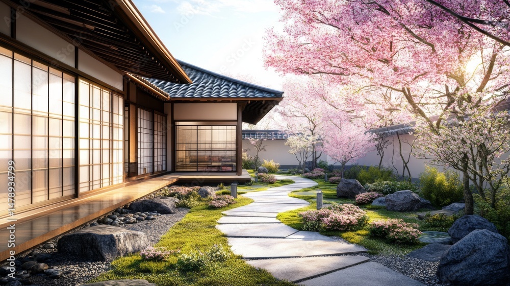 Fototapeta premium A tranquil view of a traditional Japanese house with sliding shoji doors, surrounded by a beautifully manicured garden featuring cherry blossoms and stone pathways