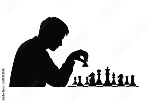 Chess player silhouette. This image depicts the black silhouette of a chess player making a strategic move, highlighting intellect, competition, and gameplay. Vector clipart illustration design.