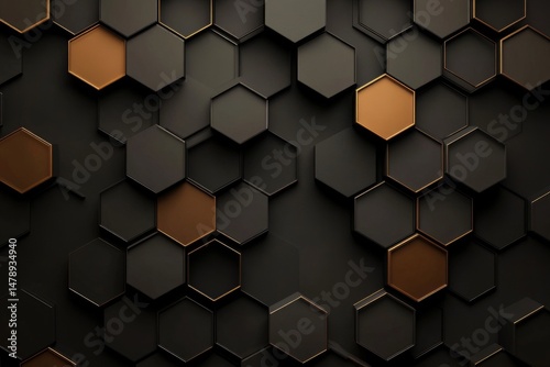 Dark honeycomb pattern with copper accents.  Hexagon shapes interlock in a  geometric design