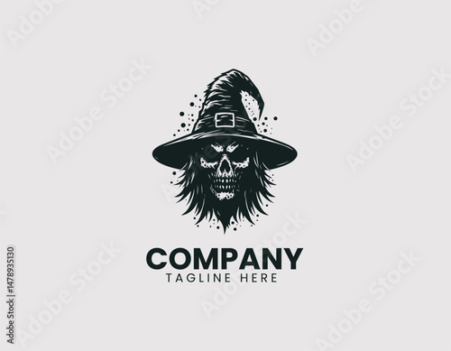 Scary Evil Witch Figure with Warts Pointed Hat Staff Vector Logo Design, Creepy Wicked Witch Warts Pointed Hat Wand Vector Logo