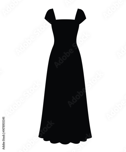 Empire dress silhouette. This image showcases the black silhouette of an empire-style dress, highlighting its structured waist, and timeless fashion appeal. Vector clipart illustration design.
