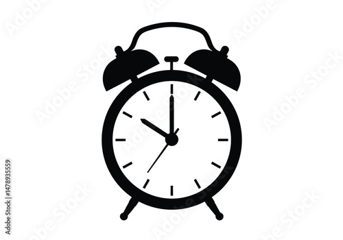 Alarm silhouette. This image depicts a black silhouette of an alarm clock with distinct ringing bells, symbolizing time management, urgency, and notifications. Vector clipart illustration design.