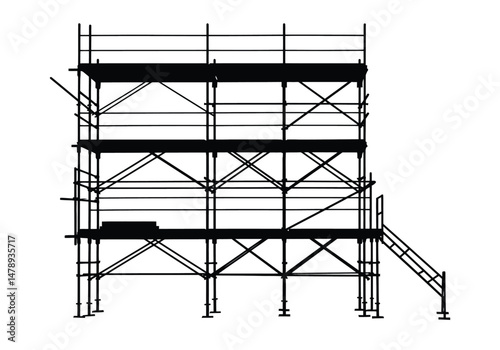 Scaffolding silhouette. This image features a detailed black silhouette of scaffolding, representing construction, framework, and architectural support. Vector clipart illustration design.