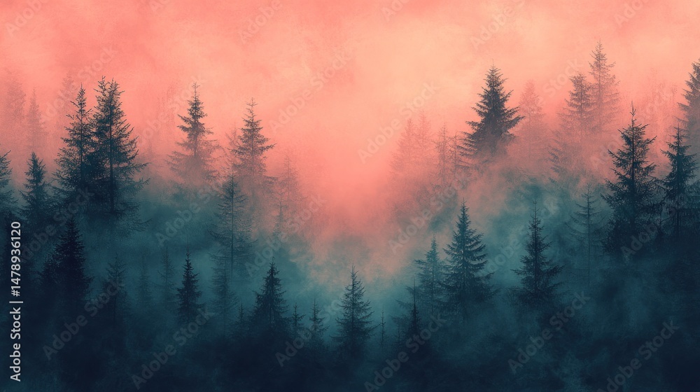 Fototapeta premium Misty Mountain Forest at Dawn: A Serene Landscape