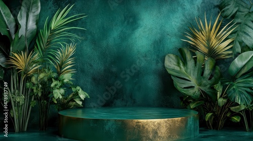 Teal podium surrounded by lush tropical foliage against a dark teal textured background.