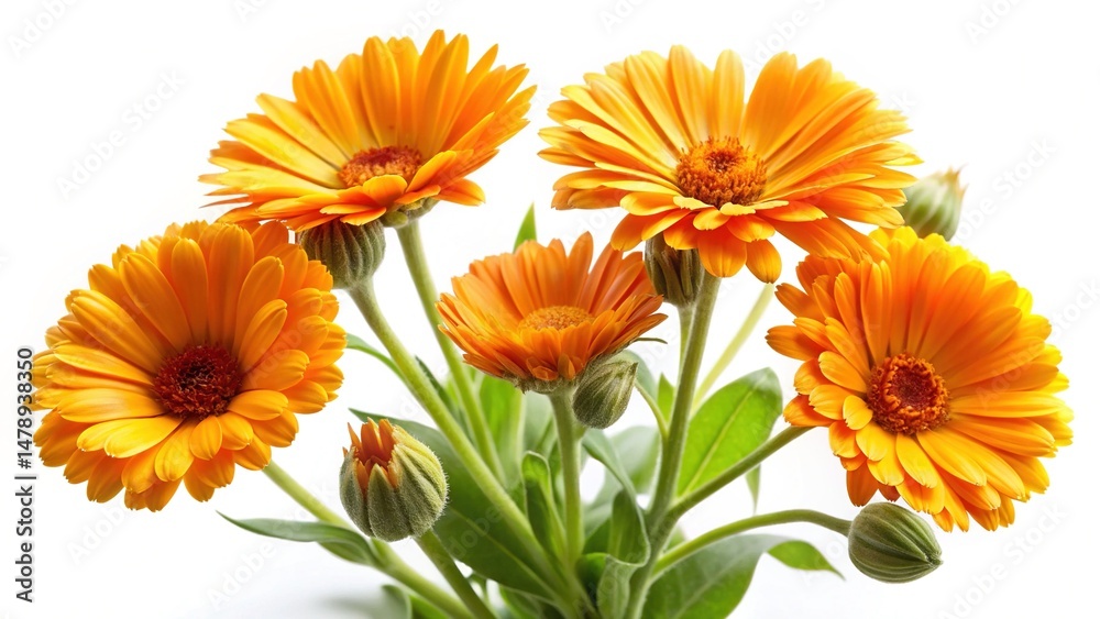 Fototapeta premium Bright and sunny calendula flowers in full bloom against a white backdrop