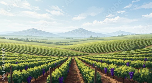 Wallpaper Mural Sunlit Vineyard Landscape Rolling Hills, Lush Vines, and Mountain Views Torontodigital.ca