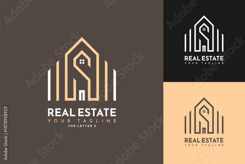 Modern real estate logo design with abstract house and letter S in minimalist geometric style, elegant branding template
