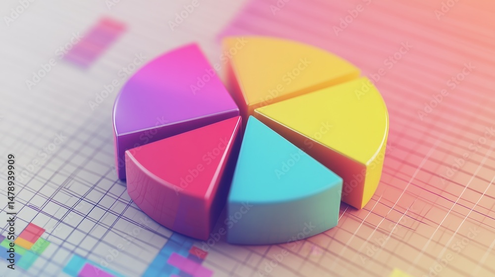 Obraz premium Floating D pie chart with transparent and solid segments, positioned over a grid pattern, highlighting digital data in a stylish design