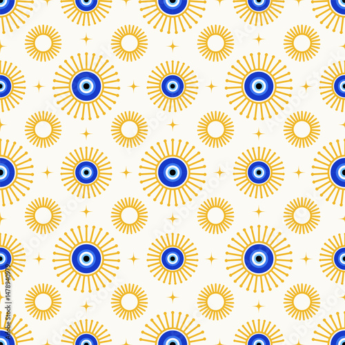 Evil eye Greek seamless pattern. Vector background with blue beads and sun. Turkish nazar - ethnic symbol of protection energy and luck. Mystic amulet with astrology ornament. Cute cosmic design