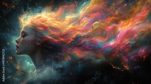 Cosmic Woman: A Digital Painting of a Serene Woman with Hair like a Nebula