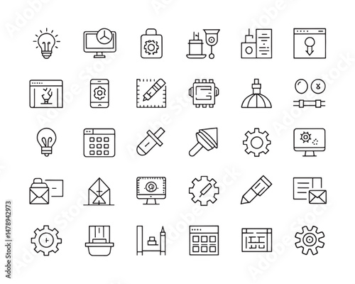 Outline icon set showing complete creative and technical design process
