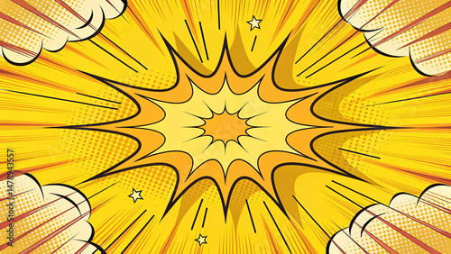 Bright yellow comic book explosion - dynamic radial lines burst from central point. Stylized cartoon