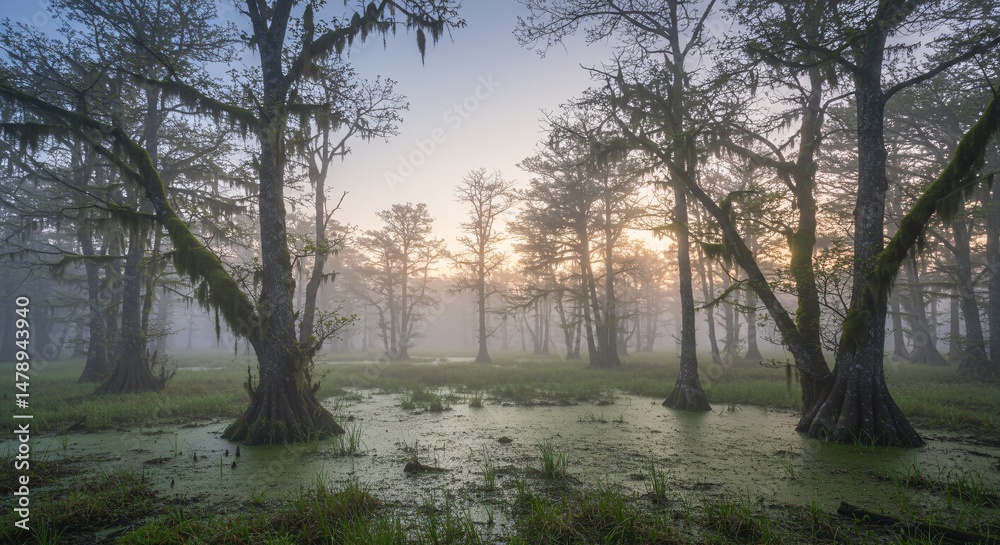 Fototapeta premium Misty Sunrise in a Cypress Swamp Enchanting Nature Photography