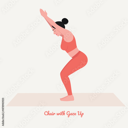 Chair with Gaze Up pose. Young woman practicing Yoga pose. Woman workout fitness, aerobic and exercise