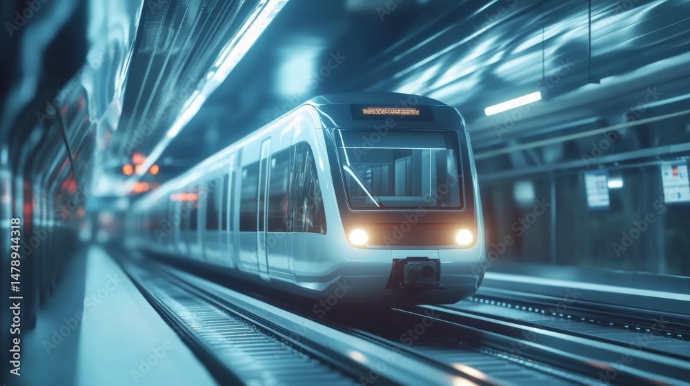 Fototapeta premium Subway tunnel with bright lighting and clean tracks, emphasizing the modern design and efficiency of underground public transit systems