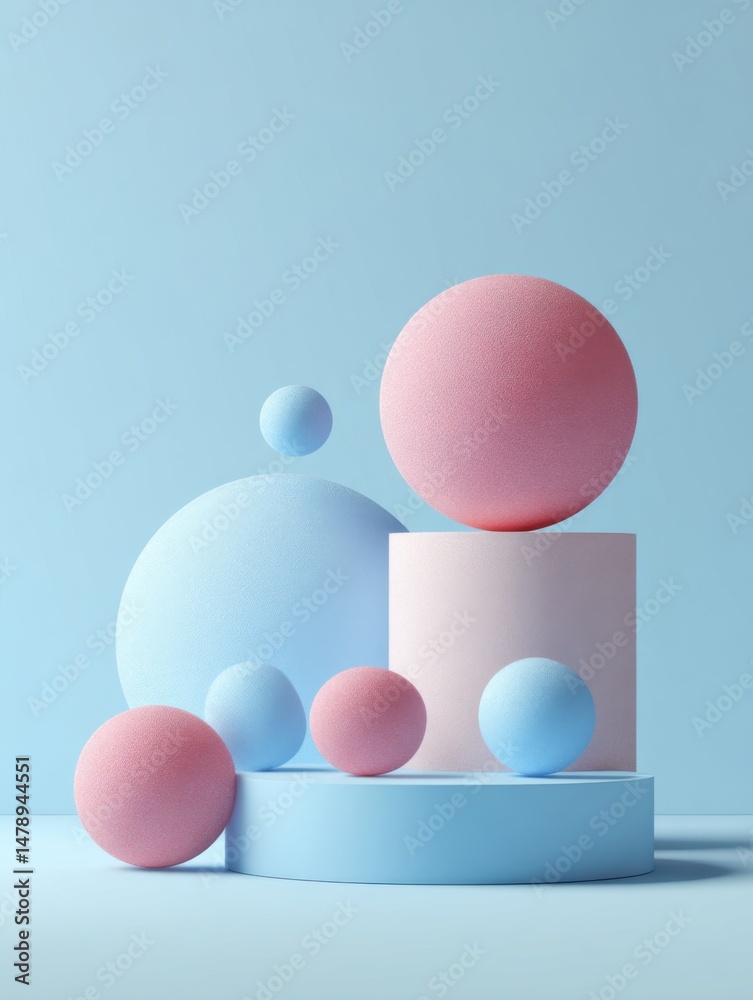 Fototapeta premium Abstract pastel geometric shapes arrangement still life product display minimal studio shot light blue background