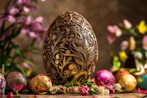 Wallpaper Mural Ornate chocolate Easter egg amidst colorful eggs and flowers Torontodigital.ca