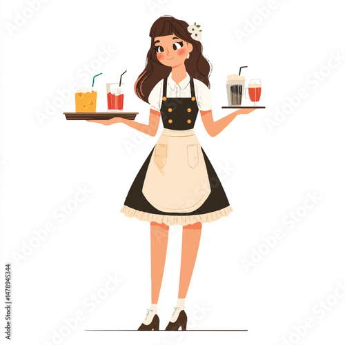 a cafe server in ruffle dress and apron holding tray