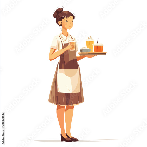 a cafe server in ruffle dress and apron holding tray