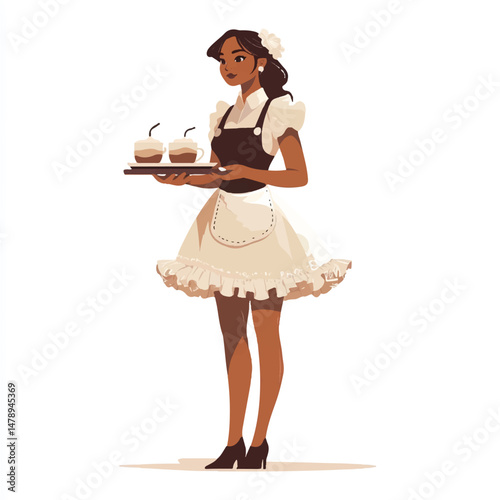 a cafe server in ruffle dress and apron holding tray