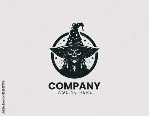 Scary Evil Witch Figure with Warts Pointed Hat Staff Vector Logo Design, Creepy Wicked Witch Warts Pointed Hat Wand Vector Logo
