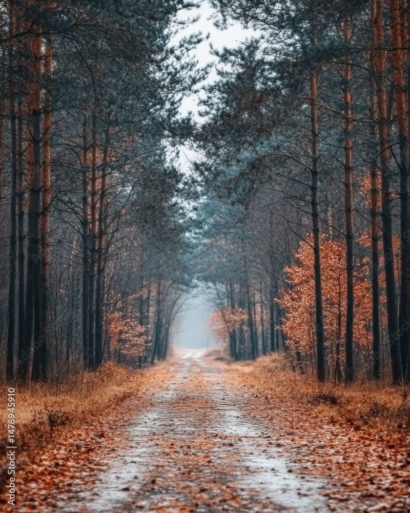 Obraz premium Forest Path Perspective in Autumnal Light Leading to Foggy Distance in Rural Landscape of Tall Trees and Fallen Leaves