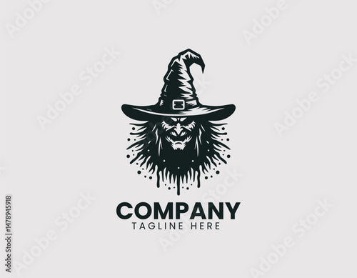 Scary Evil Witch Figure with Warts Pointed Hat Staff Vector Logo Design, Creepy Wicked Witch Warts Pointed Hat Wand Vector Logo