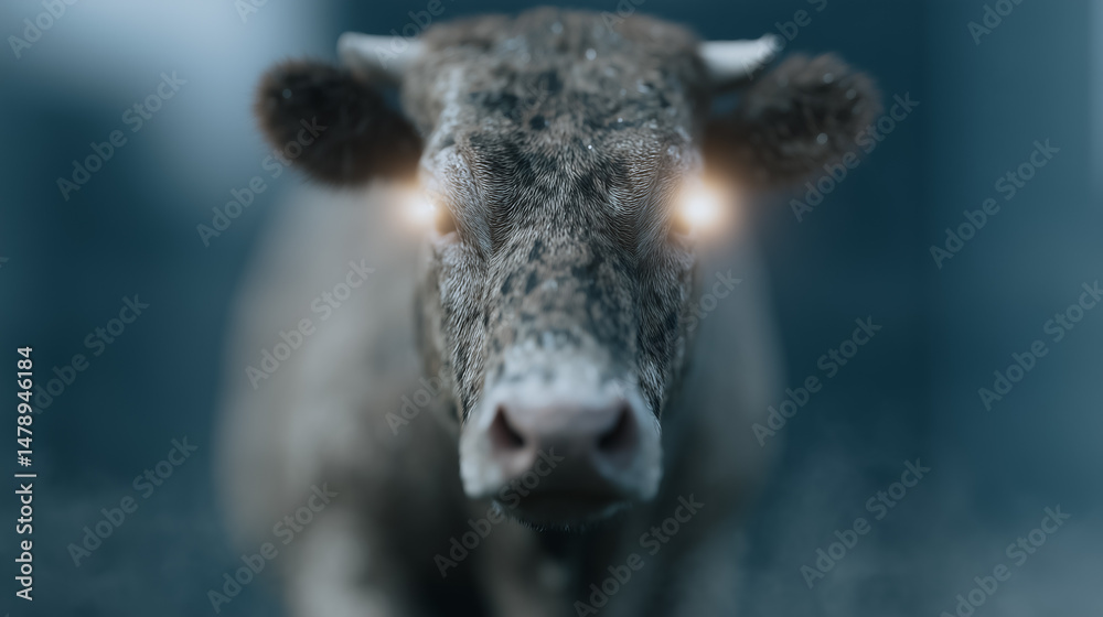 Obraz premium Close-up portrait of a cow with glowing eyes
