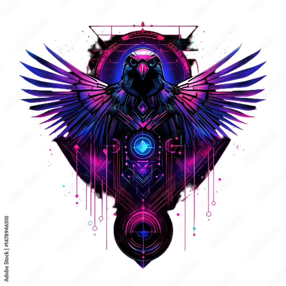 Obraz premium Dynamic digital artwork of a majestic raven futuristic style dark background vivid colors abstract concept