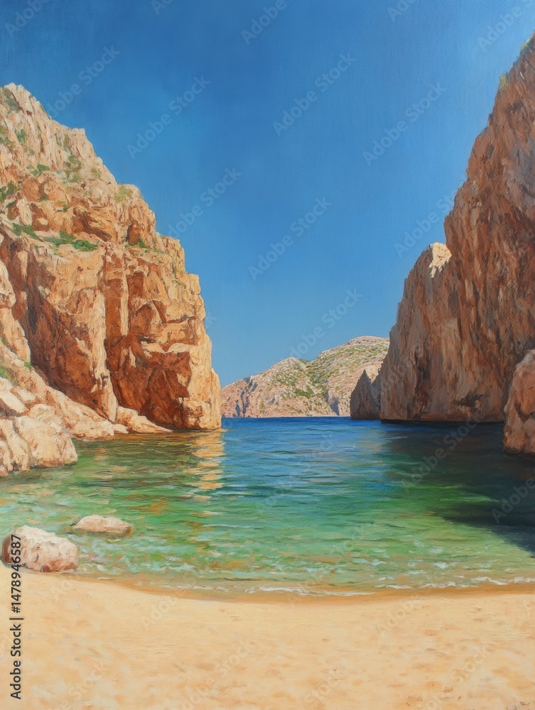 Naklejka premium Calm bay painting with rocky cliffs and clear turquoise water under a bright blue sky in the Mediterranean