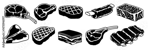 Steak or meat icons set. Degrees of steak doneness. Blue, rare, medium, well, well done. Steak or meat logo, label, badge, sticker, symbol, sign, black, flat vector, isolated illustration.