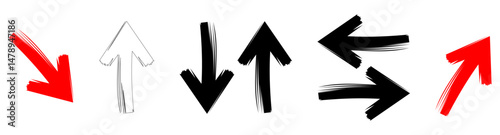 Set of hand drawn Red Arrow Brush. Grunge arrow paint different direction vector illustration