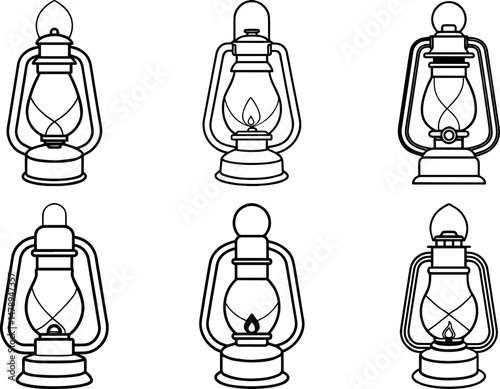Set of kerosene light outline vector illustration, line art