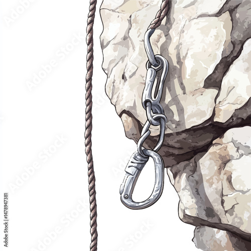 climbing rope and carabiner on a rock wall