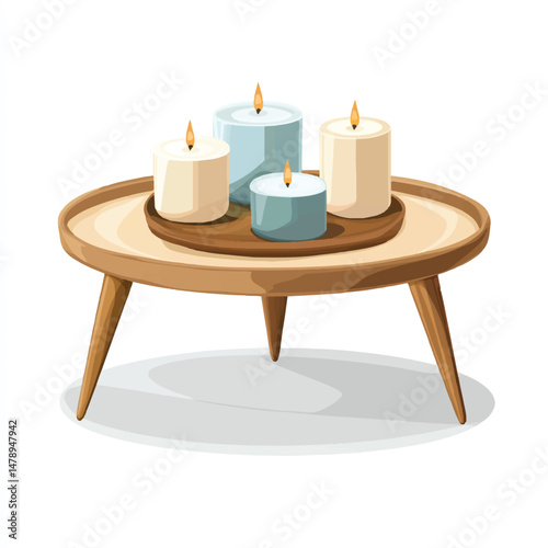 a coffee table with candles and a tray