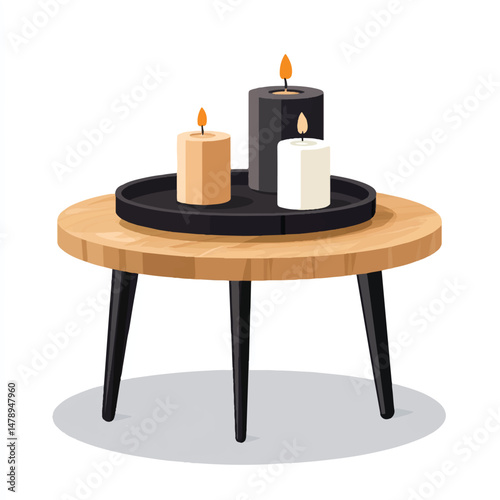 a coffee table with candles and a tray
